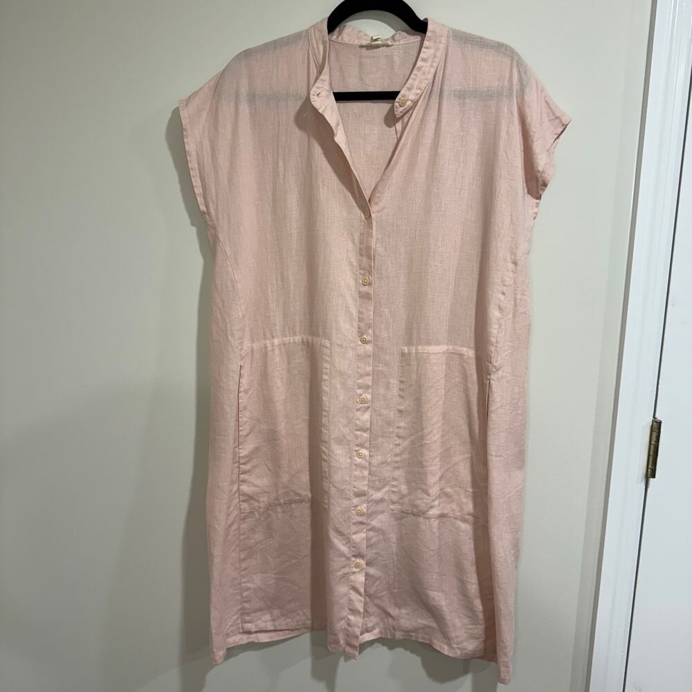 Eileen Fisher Womens Pink 100% Organic Linen Dress Mandarin Collar Size Small